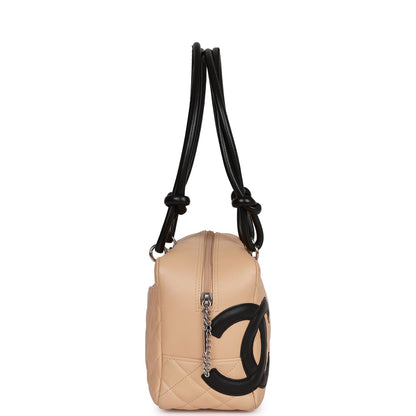 Chanel Vintage Cambon Bowler Bag Beige and Black Calfskin Silver Hardware