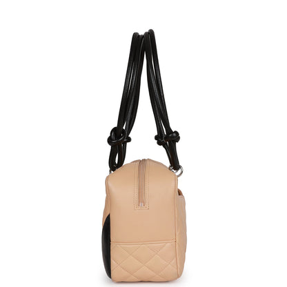Chanel Vintage Cambon Bowler Bag Beige and Black Calfskin Silver Hardware