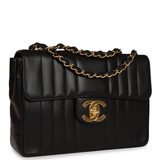 Chanel Vintage Mademoiselle XL Jumbo Single Flap Black Lambskin Gold Hardware