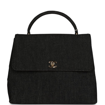 Chanel Vintage Kelly Top Handle Bag Black Denim Gold Hardware