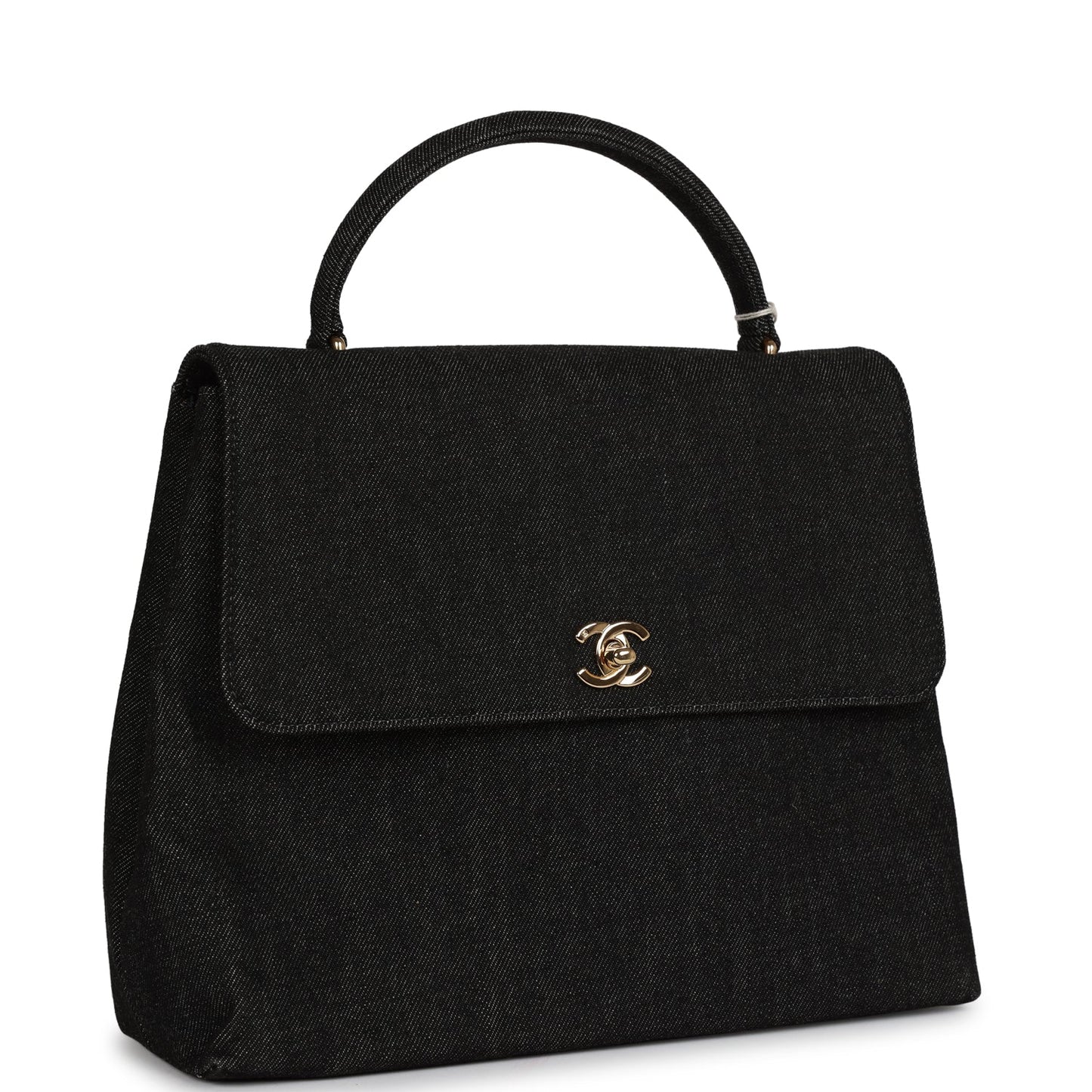 Chanel Vintage Kelly Top Handle Bag Black Denim Gold Hardware