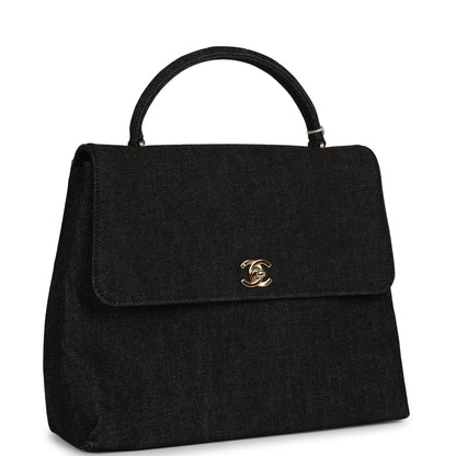 Chanel Vintage Kelly Top Handle Bag Black Denim Gold Hardware