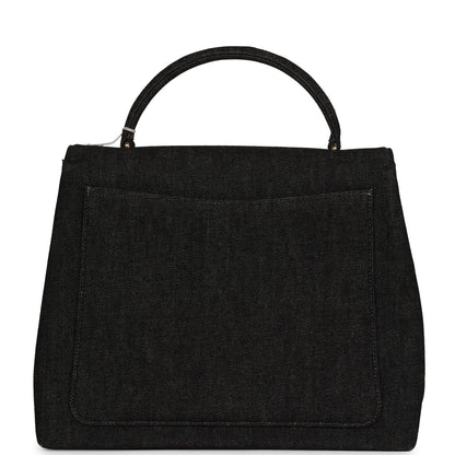 Chanel Vintage Kelly Top Handle Bag Black Denim Gold Hardware