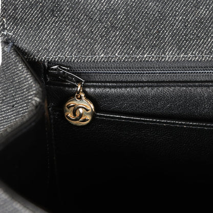 Chanel Vintage Kelly Top Handle Bag Black Denim Gold Hardware