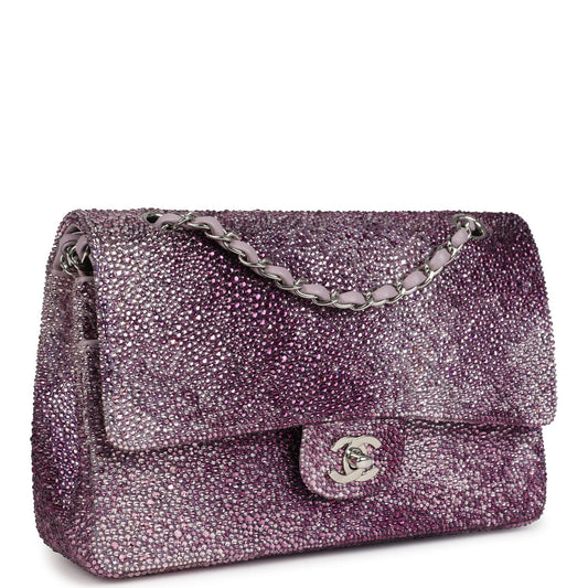 Custom Swarovski Crystal Chanel Vintage Medium Classic Double Flap Purple Lambskin Silver Hardware