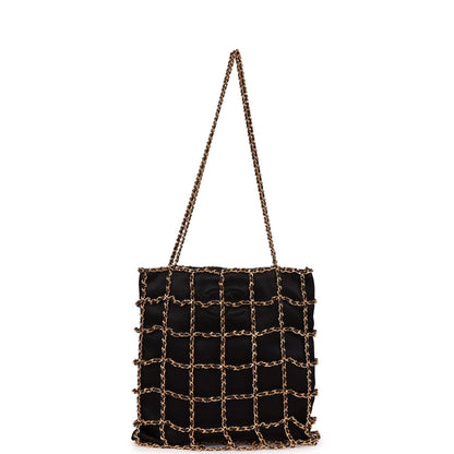 Chanel Vintage Chain Frame CC Shopping Tote Black Satin Gold Hardware