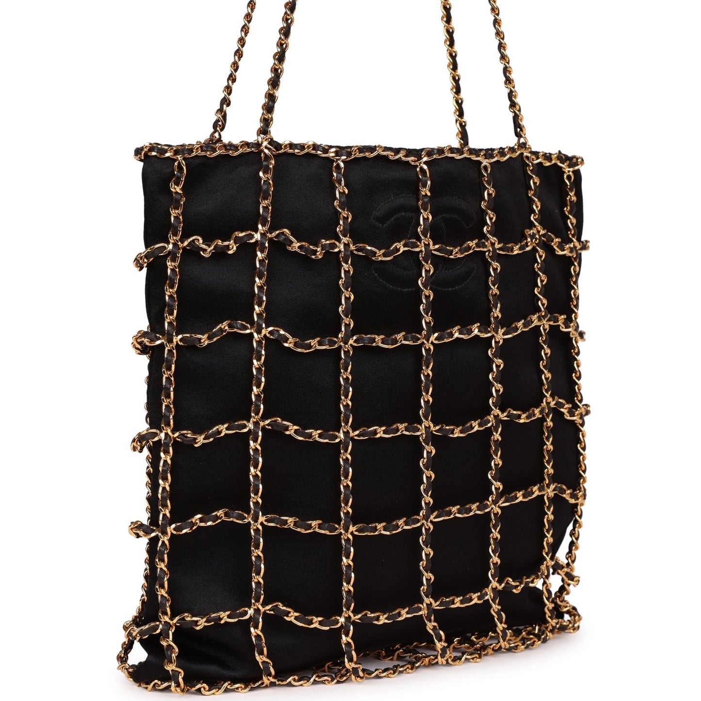 Chanel Vintage Chain Frame CC Shopping Tote Black Satin Gold Hardware
