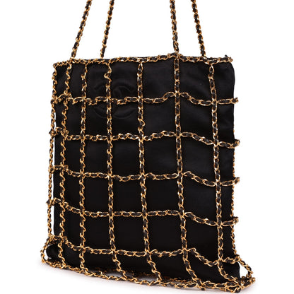 Chanel Vintage Chain Frame CC Shopping Tote Black Satin Gold Hardware