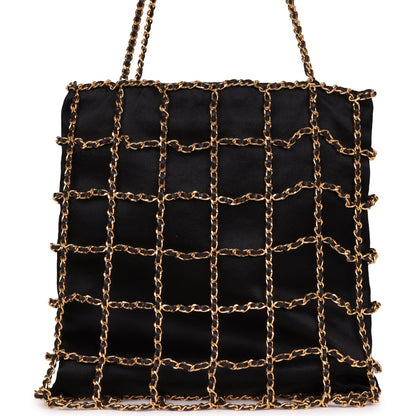 Chanel Vintage Chain Frame CC Shopping Tote Black Satin Gold Hardware