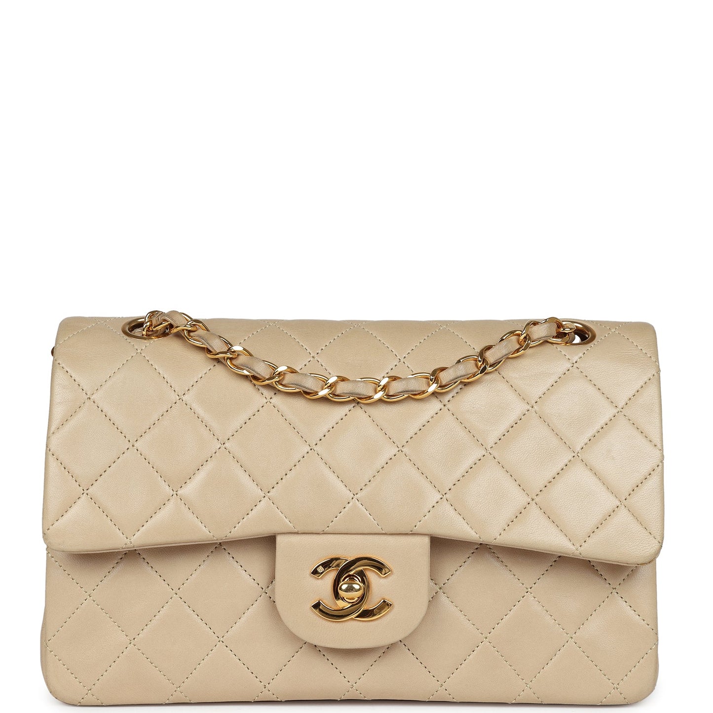 Chanel Vintage Small Classic Double Flap Beige Lambskin Gold Hardware
