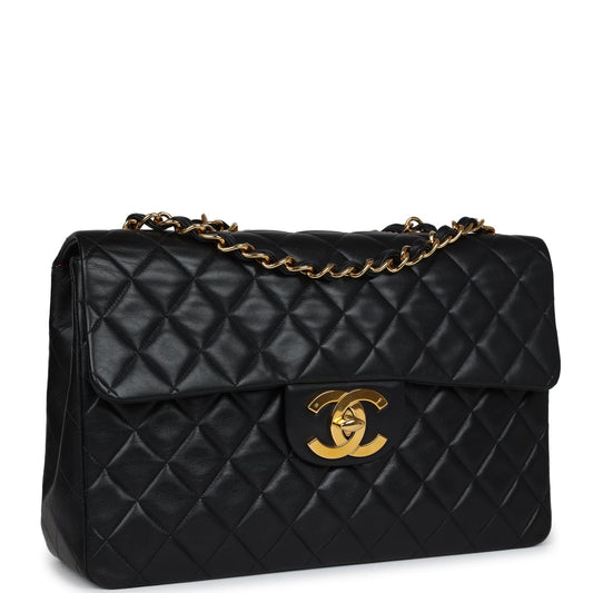 Chanel Vintage XL Jumbo Flap Bag Black Lambskin Gold Hardware