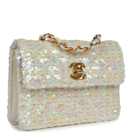 Chanel Vintage Micro Half Flap Iridescent Ivory Sequin Gold Hardware