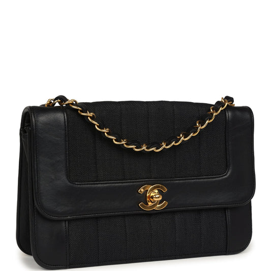 Chanel Vintage Vertical Border Flap Bag Black Linen and Lambskin Gold Hardware