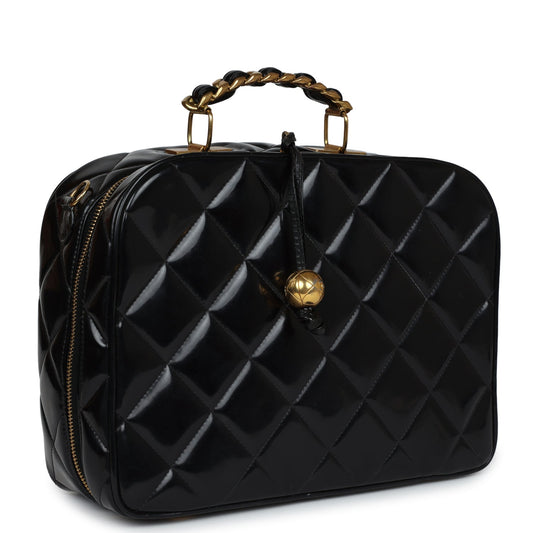 Chanel Vintage Lunchbox Vanity Black Patent Leather Gold Hardware