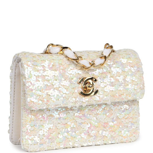 Chanel Vintage Micro Half Flap Iridescent Ivory Sequin Gold Hardware