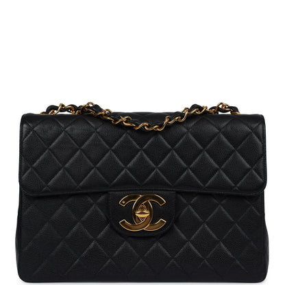 Chanel Vintage Jumbo Single Flap Bag Black Caviar Gold Hardware