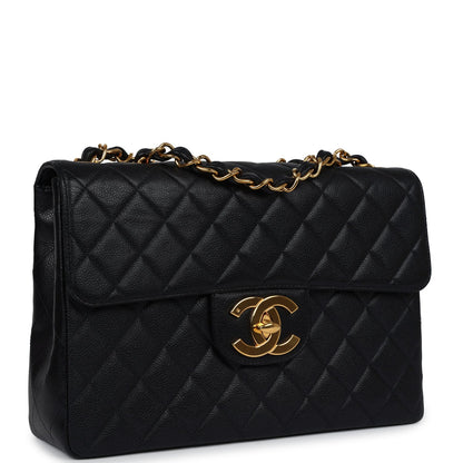 Chanel Vintage Jumbo Single Flap Bag Black Caviar Gold Hardware