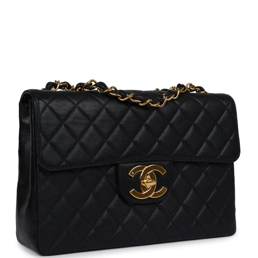 Chanel Vintage Jumbo Single Flap Bag Black Caviar Gold Hardware