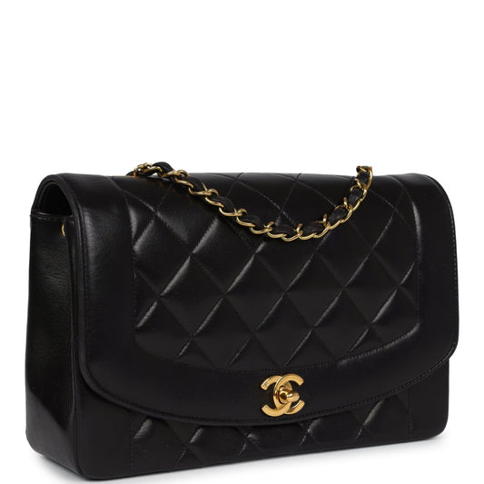 Chanel Vintage Small Diana Flap Bag Black Lambskin Gold Hardware