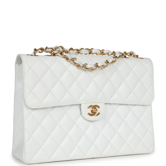 Chanel Vintage Jumbo Single Flap Bag White Caviar Gold Hardware