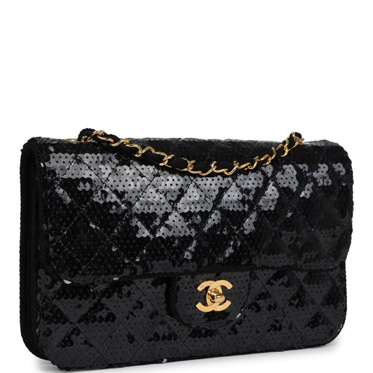 Chanel Vintage Small Flap Bag Black Sequin Gold Hardware