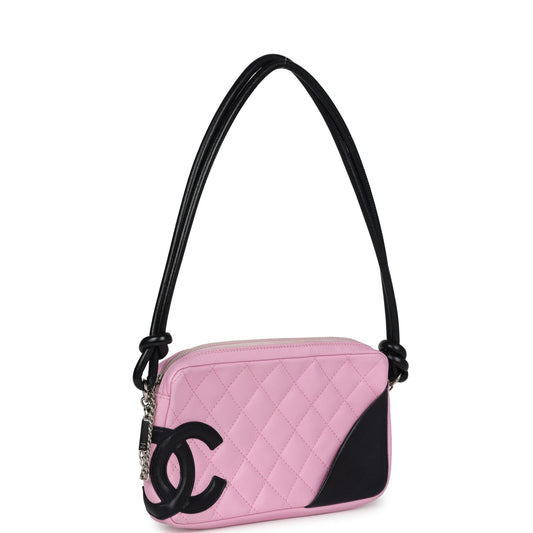 Chanel Vintage Cambon Ligne Pink and Black Calfskin Pochette Silver Hardware