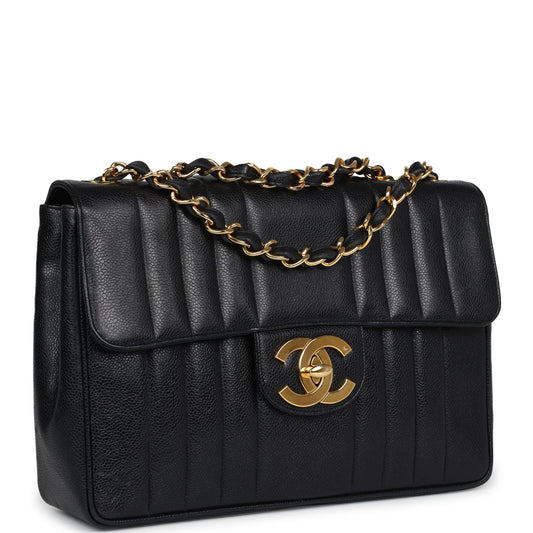 Chanel Vintage XL Jumbo Mademoiselle Vertical Flap Black Caviar Gold Hardware