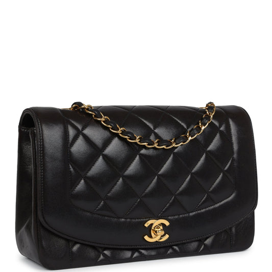 Chanel Vintage Medium Diana Flap Bag Black Lambskin Gold Hardware