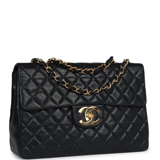 Chanel Vintage XL Jumbo Maxi Flap Bag Black Lambskin Gold Hardware