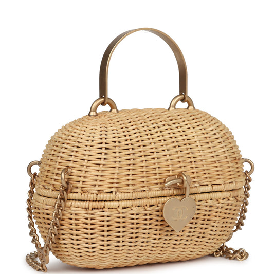 Chanel Vintage Small Heart Lock Basket Bag Natural Wicker Brushed Gold Hardware