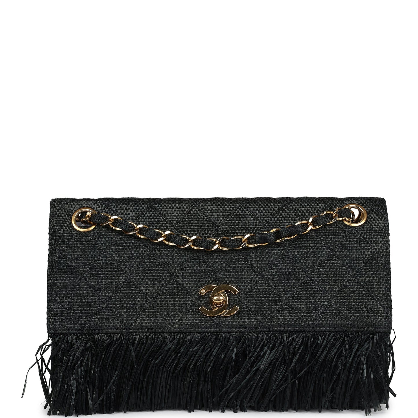 Chanel Vintage Quilted Fringe Single Flap Bag Black Raffia Gold Hardware