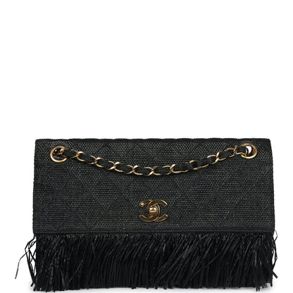 Chanel Vintage Quilted Fringe Single Flap Bag Black Raffia Gold Hardware