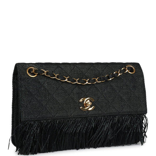 Chanel Vintage Quilted Fringe Single Flap Bag Black Raffia Gold Hardware