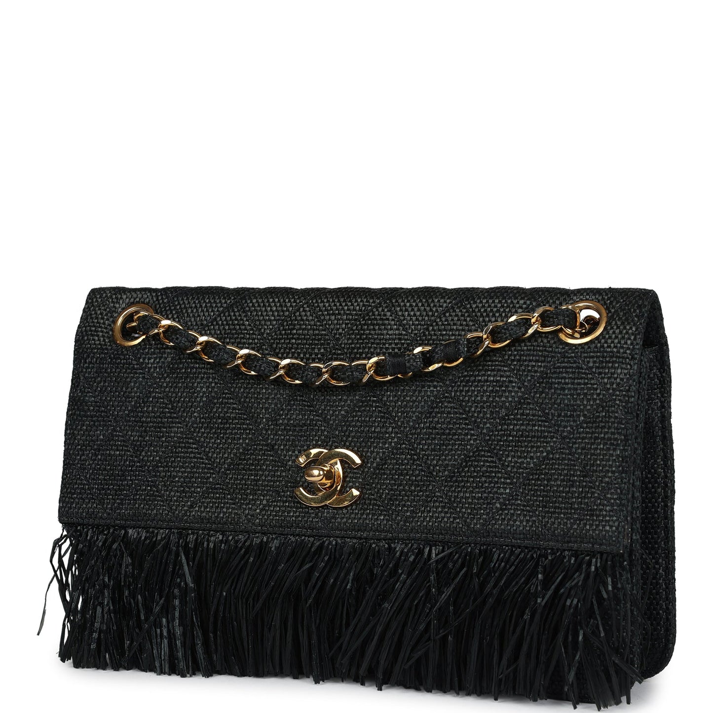 Chanel Vintage Quilted Fringe Single Flap Bag Black Raffia Gold Hardware