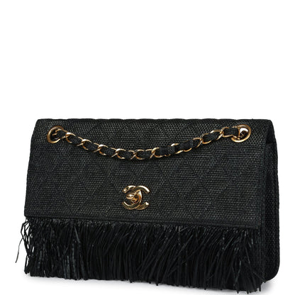 Chanel Vintage Quilted Fringe Single Flap Bag Black Raffia Gold Hardware