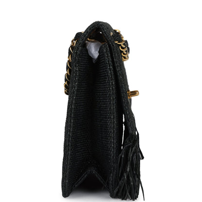 Chanel Vintage Quilted Fringe Single Flap Bag Black Raffia Gold Hardware