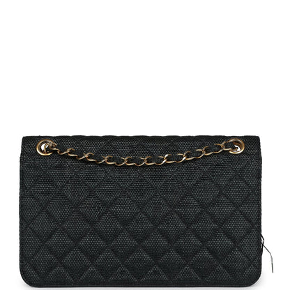 Chanel Vintage Quilted Fringe Single Flap Bag Black Raffia Gold Hardware