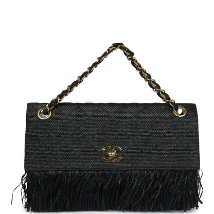 Chanel Vintage Quilted Fringe Single Flap Bag Black Raffia Gold Hardware