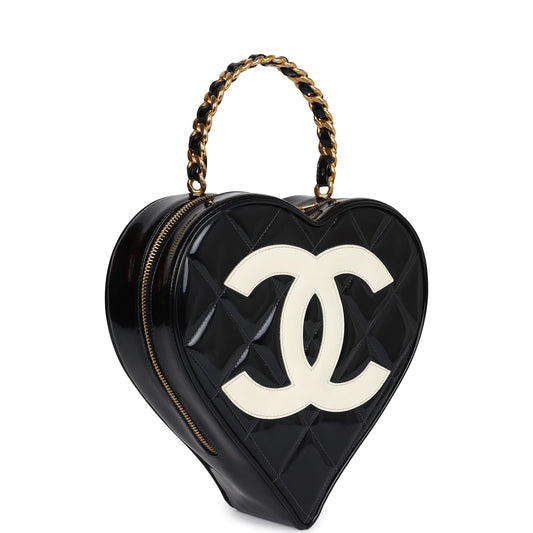 Chanel Vintage Heart Vanity Bag Black and White Patent Antique Gold Hardware