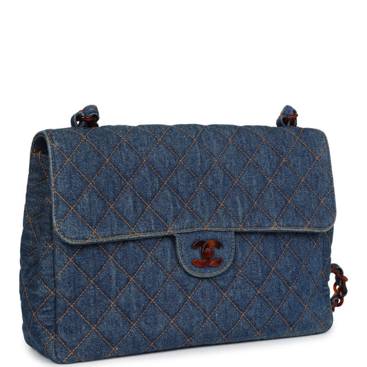Chanel Vintage Jumbo Single Flap Bag Blue Denim Tortoiseshell Bakelite Hardware