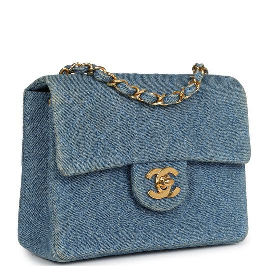 Chanel Vintage Mini Square Flap Bag Blue Denim Gold Hardware