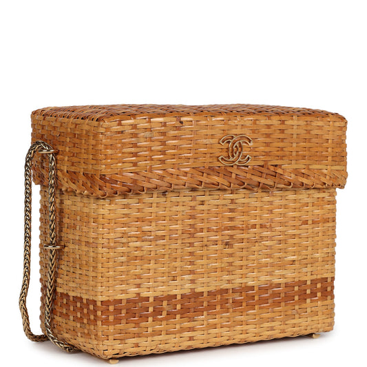 Chanel Vintage Small Picnic Basket Bag Natural Wicker Gold Hardware