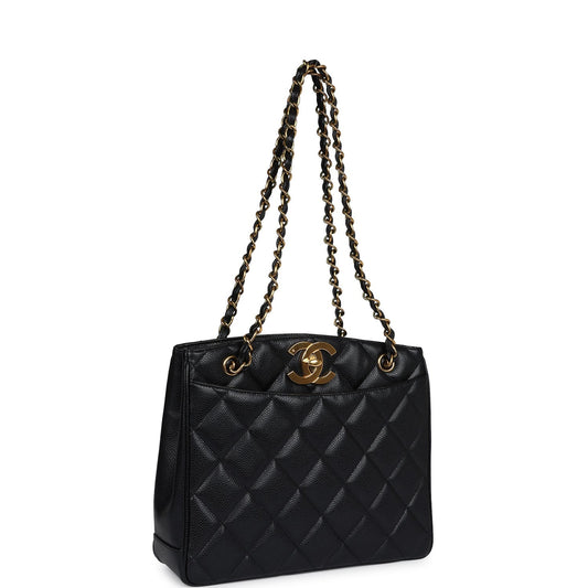 Chanel Vintage Medium CC Turnlock Tote Black Caviar Gold Hardware