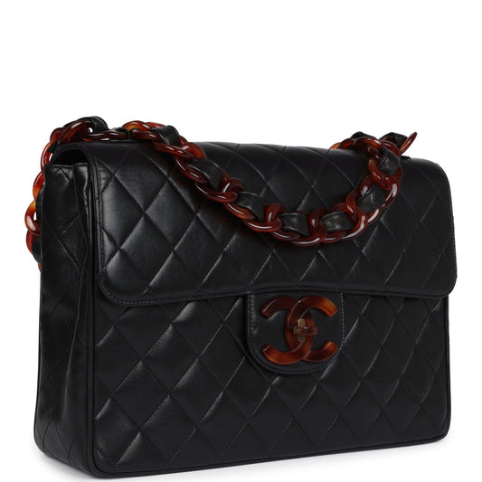 Chanel Vintage Jumbo Single Flap Bag Black Lambskin Tortoiseshell Hardware