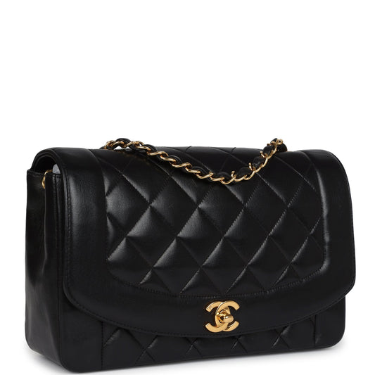 Chanel Vintage Medium Diana Flap Bag Black Lambskin Gold Hardware