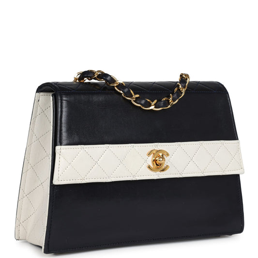 Chanel Vintage Trapezoid Flap Bag Navy and White Lambskin Gold Hardware