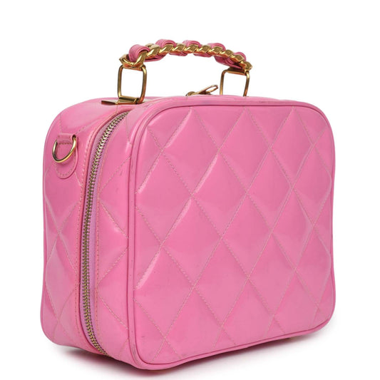 Chanel Vintage Lunchbox Vanity Bag Pink Patent Gold Hardware