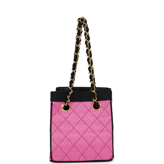 Chanel Vintage Set of Two Mini Bucket Bag & Oval Handbag Pink and Black Raffia Gold Hardware