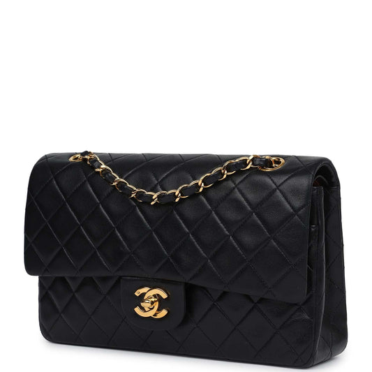 Chanel Vintage Medium Classic Double Flap Bag Black Lambskin Gold Hardware