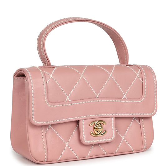 Chanel Vintage Mini Wild Stitch Surpique Top Handle Flap Bag Pink Calfskin Gold Hardware